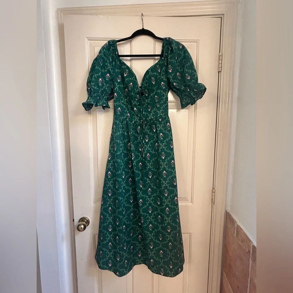 Hill House The Ophelia midi pocketed dress in Emerald Trellis print Small *FLAW - Picture 2 of 13